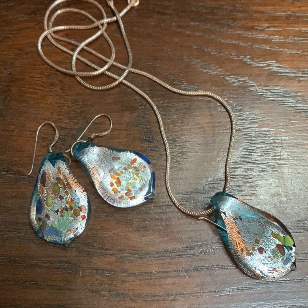 Blue Glass Earrings & Pendant